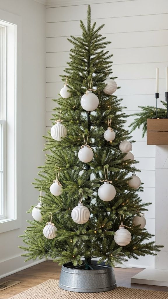 bare tree decorated only in large white ornaments