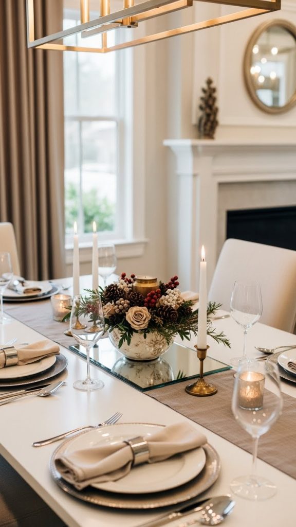 a mirrored tray underneath a floral festive centerpiece on an elegant dining table