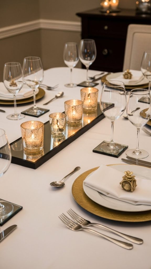 a long mirrored tray underneath candles on a dining room table