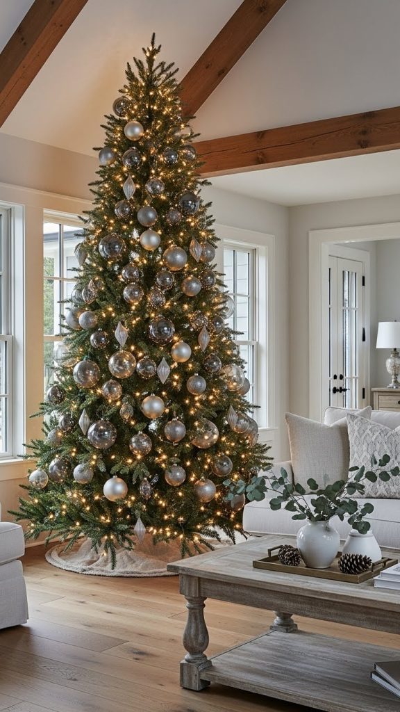 Tall Christmas tree with brass and glass ornaments in a modern farmhouse
