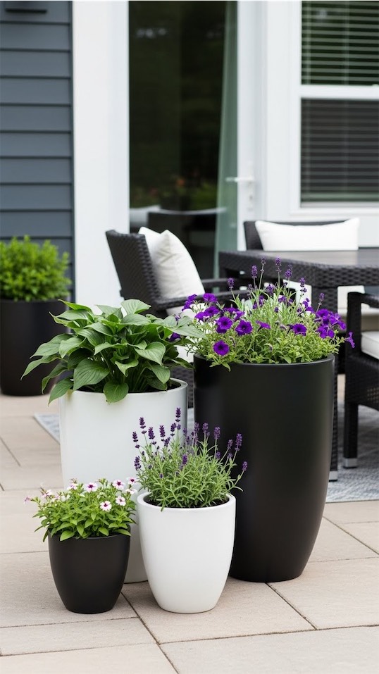 monochrome style planters with different flower variations