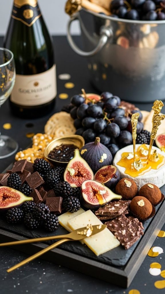 Dark and moody New Year’s Eve Charcuterie Board in an all black theme