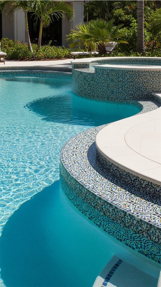 mosaic tiles around pool to create a finished look