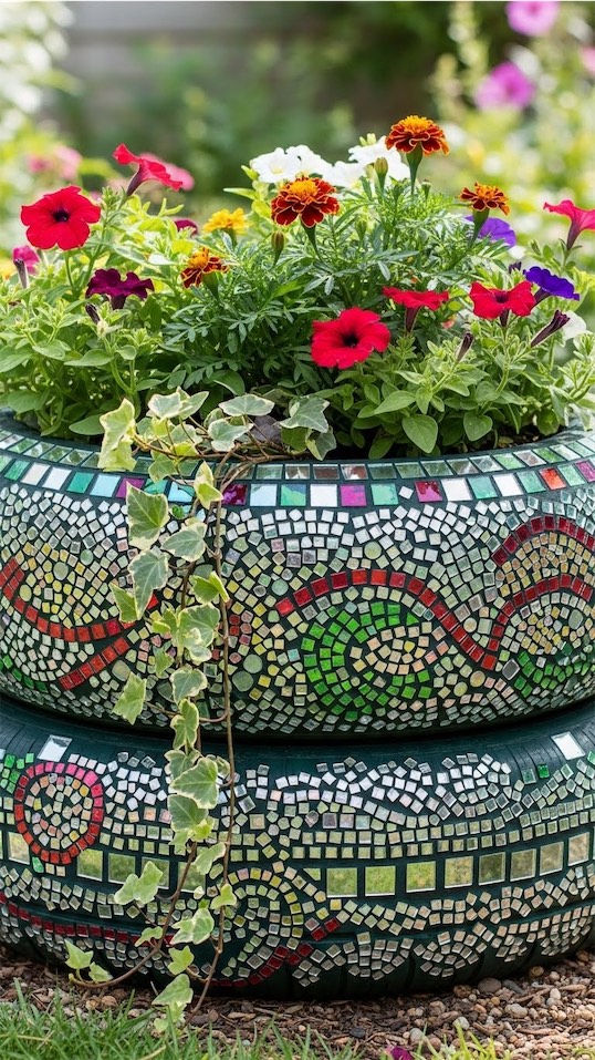 mosaic tiles stuck onto a tire