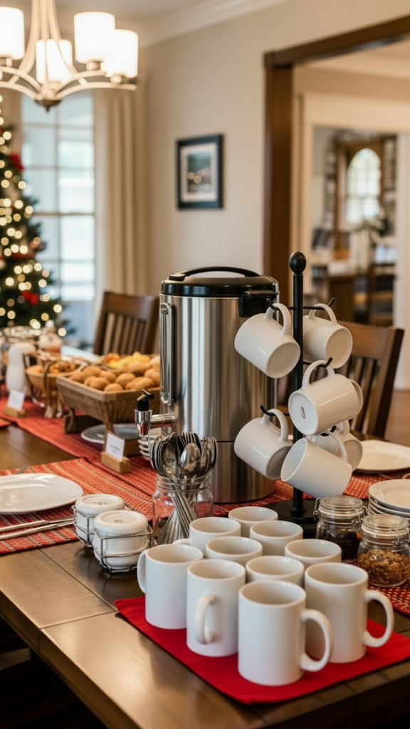 white mugs hanging next. to a large drinks station for christmas breakfast 