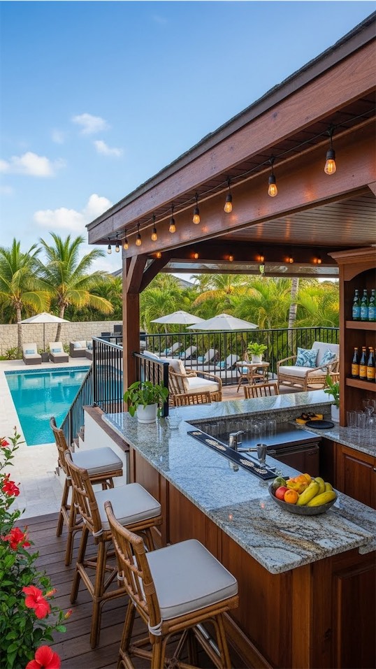 pool bar on a higher deck with the pool in a lower deck below