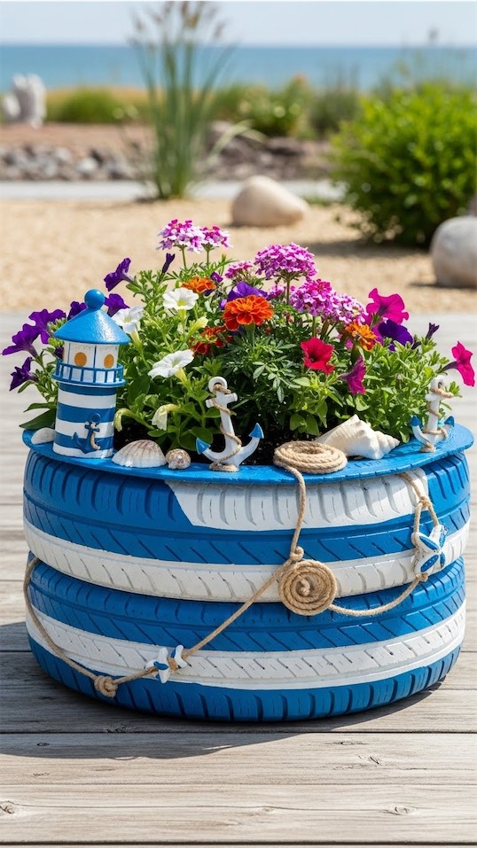 nautical themed tire planter