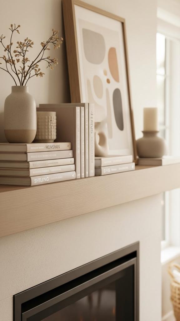 Natural beige style books on a wooden mantle 