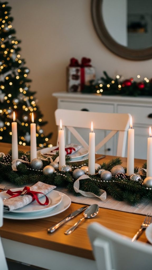 Left over Christmas decorations used as centerpieces on a New Year's table