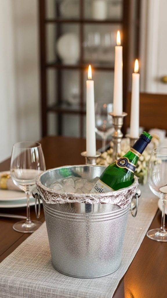 An ice bucket on a dining room table that has been spray painted silver