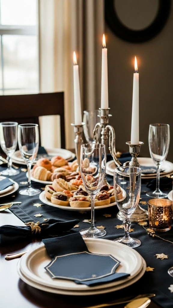black table cloth with gold stars and disposable plates