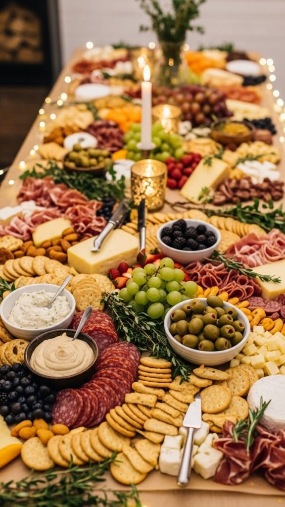 Large grazing table full of crackers, meats and cheese for a large party