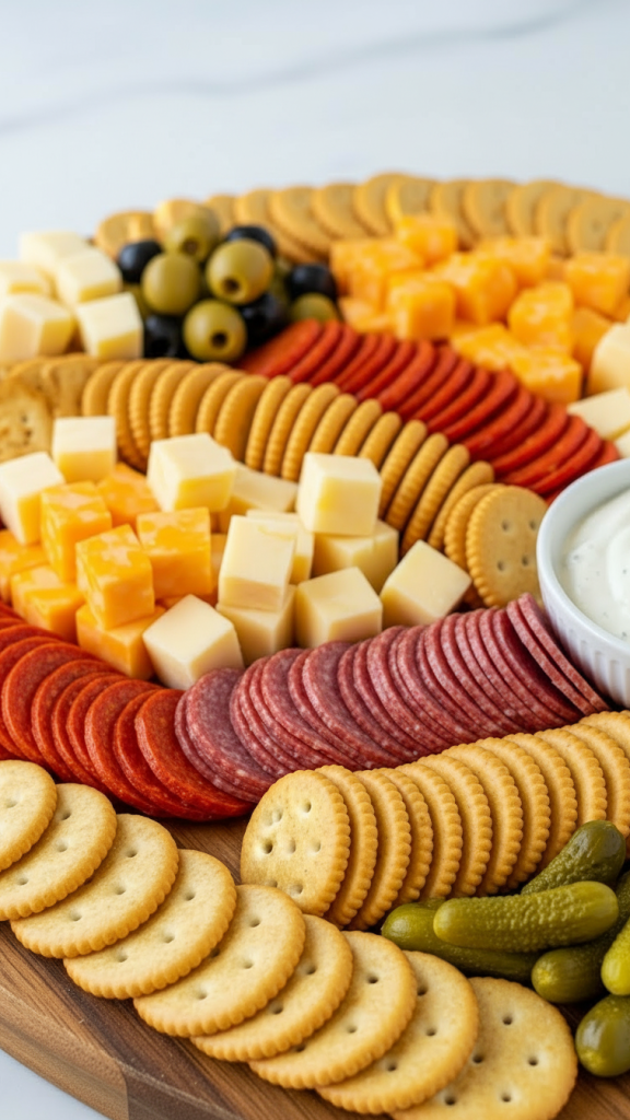 Nostalgic charcuterie board ideas using Ritz crackers, cheese cubes and salami circles