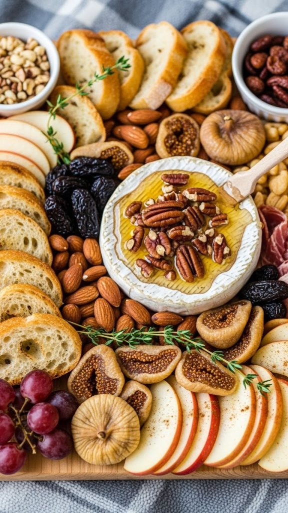winter sncak board using brie wheel, walnuts, honey and fruit
