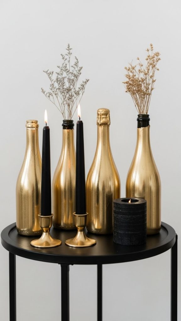 champagne bottles painted gold with candles and dried flowers