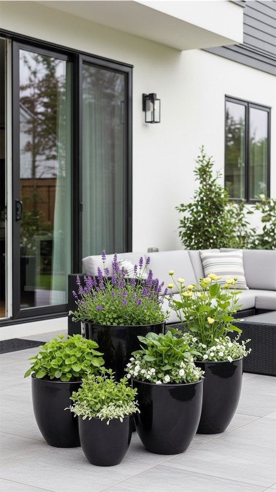 black planters with different green plants