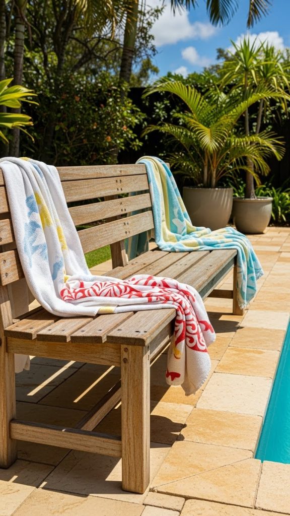 old bench with beach towels on it near pool