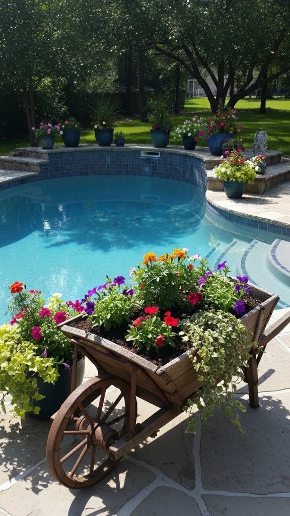 old wheelbarrow turned into a Poolside Planter