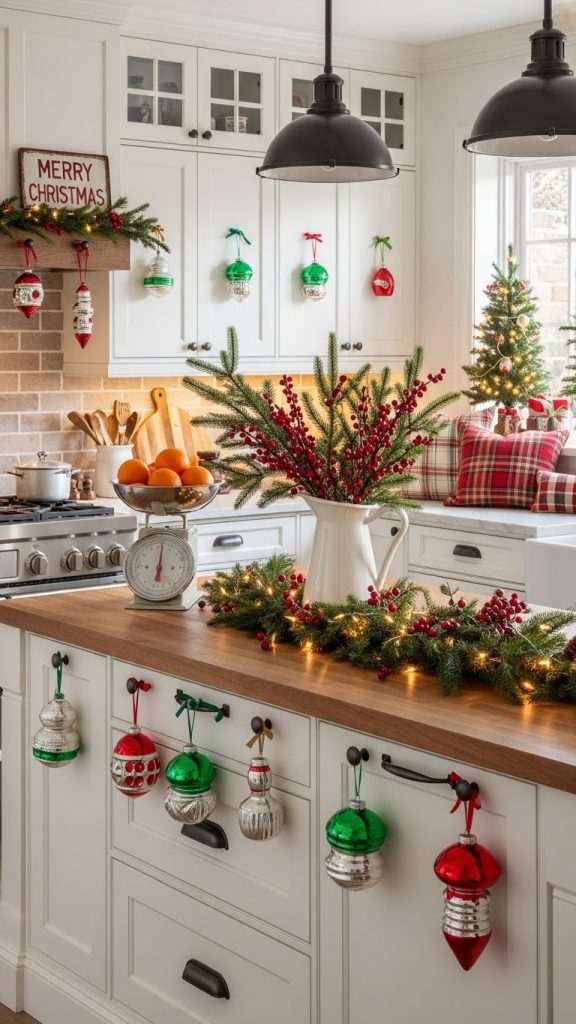 Decorate Farmhouse Kitchen For Christmas with ornaments hanging from knobs of cabinets