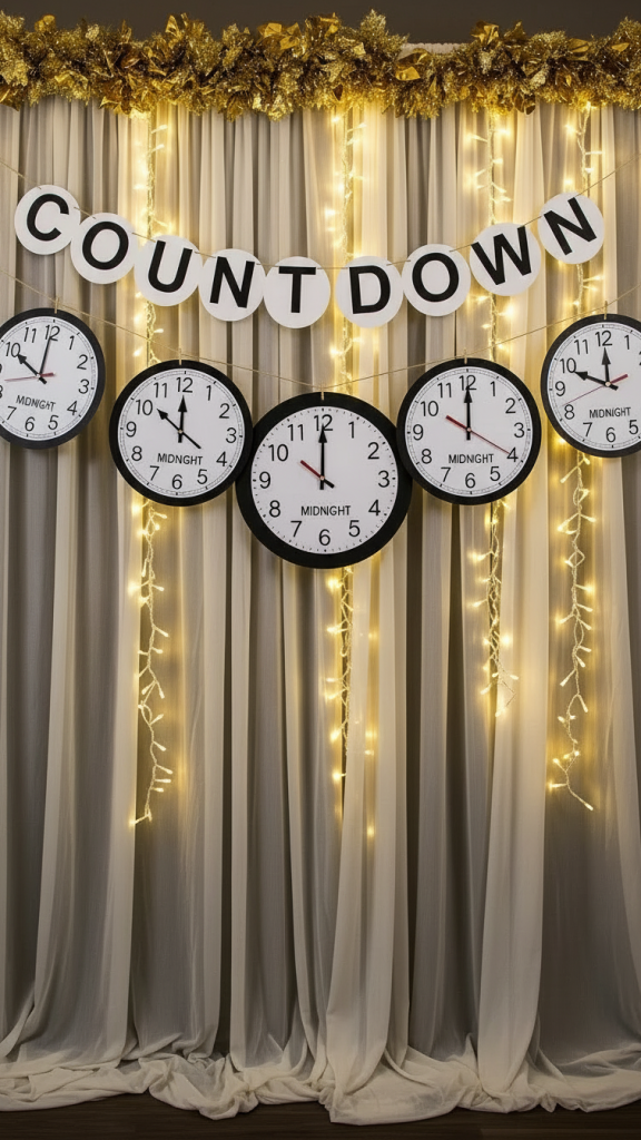 paper clocks hung in a line in front of a sheer curtain with fairy lights NYE Backdrop