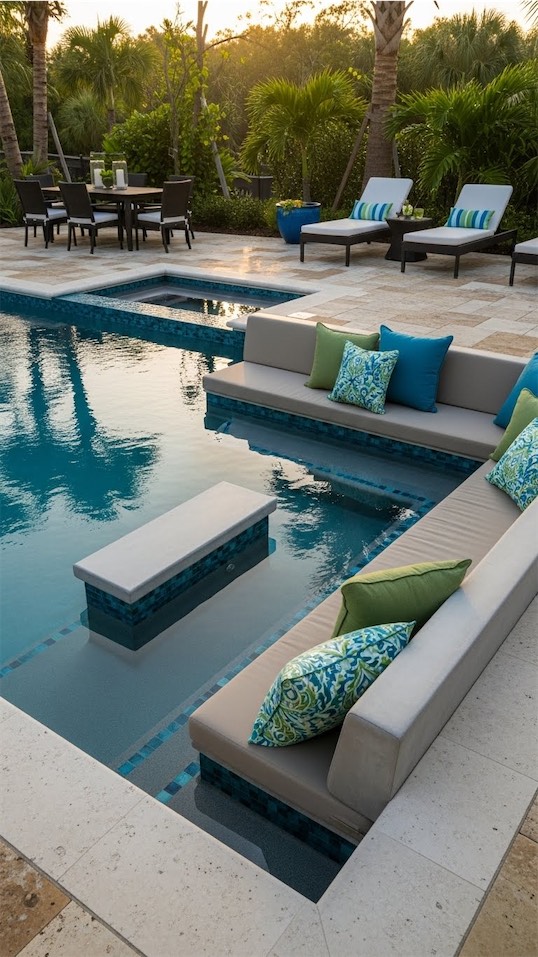 sunken pool with seats and patio furniture