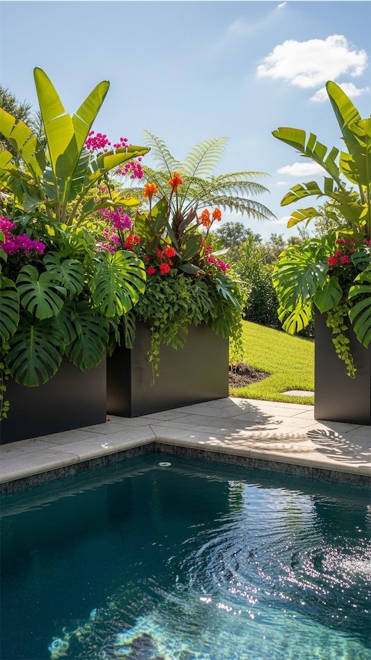 a pool with tall planters which offer shade