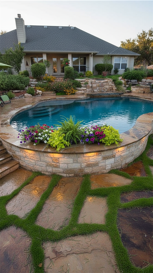 Partial Above Ground Pool with a retaining stone wall for safety