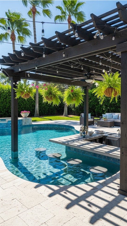 pergola built over pool with built in seating and hanging baskets