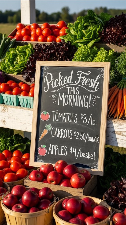 chalkboard sign that says "picked fresh this morning" at farmers market