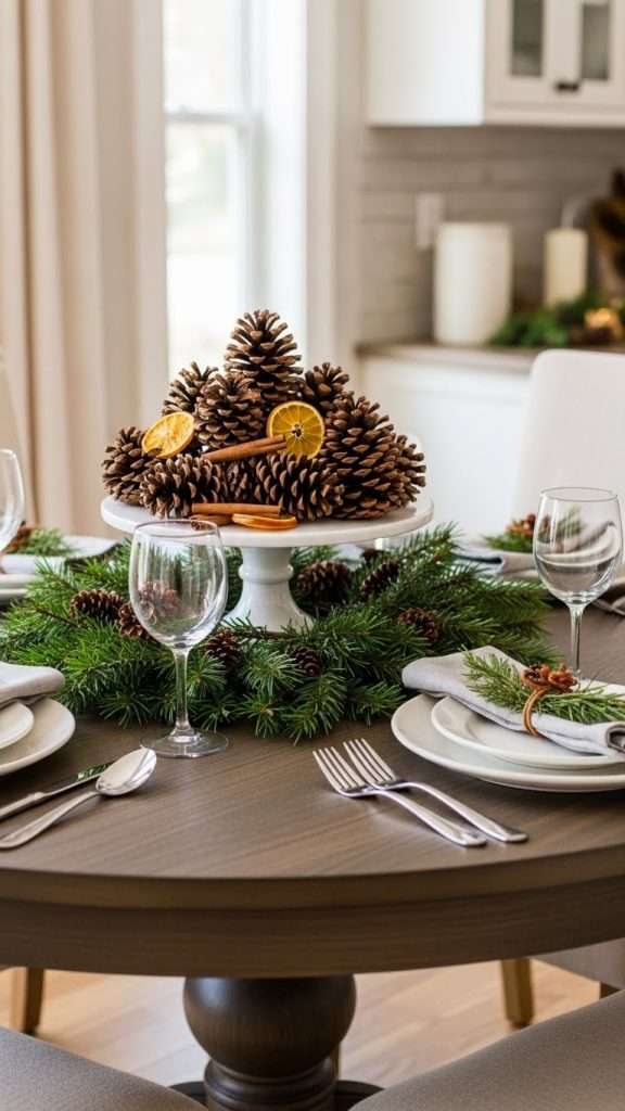 White tiered table with pinecones and orange slices Christmas Centerpiece Ideas for Round Dining Room Tables
