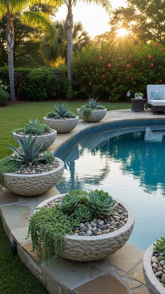 concrete bowls used as Poolside Planter