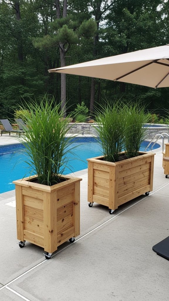 Poolside Planter on casters next to in ground pool