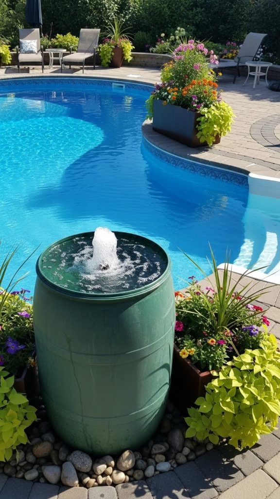 plastic barrel with a fountain insert next to pool