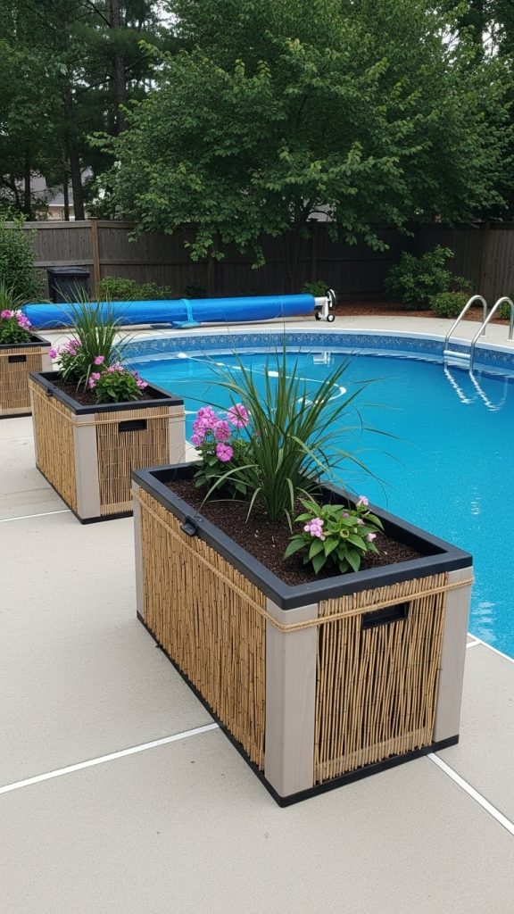 plastic planter tubs with bamboo skirt next to pool