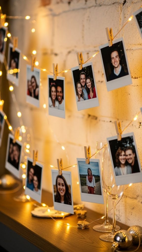 Polaroids hung up on twine with fairy lights