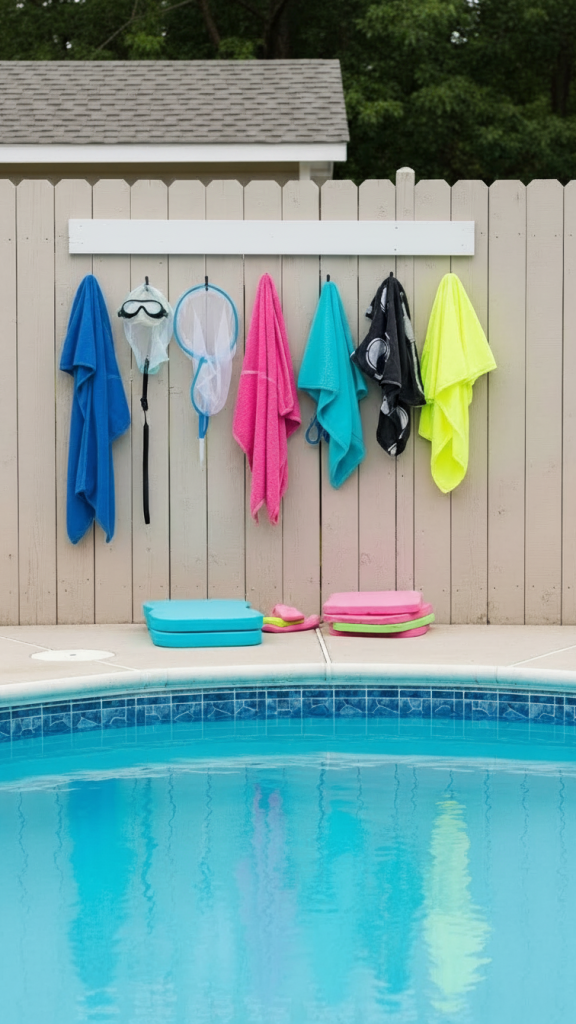 Fence with towels, goggles, nets and more attached to hooks by pool