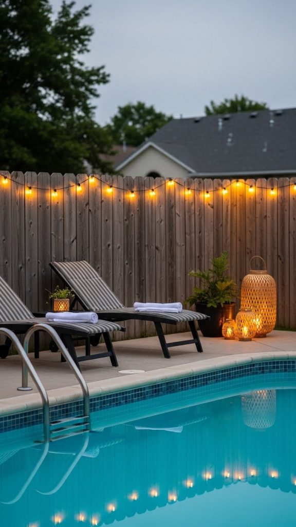 Fairy lights hung up on a fence outside near the pool