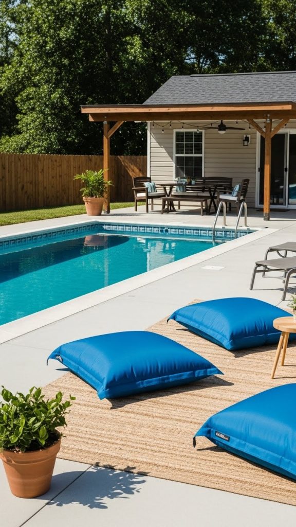 Blue floor cushions on the pool patio for lounging