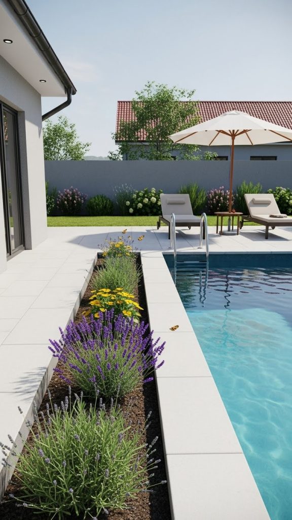 flower bed next to pool