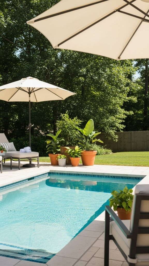 plants in terracotta pots next to a pool