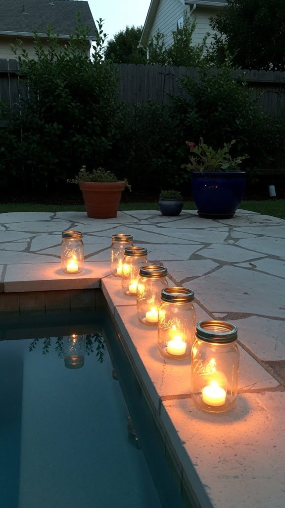 Mason jars with tealights on pool patio