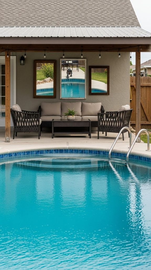 Large mirrors on wall behind seating area near a pool