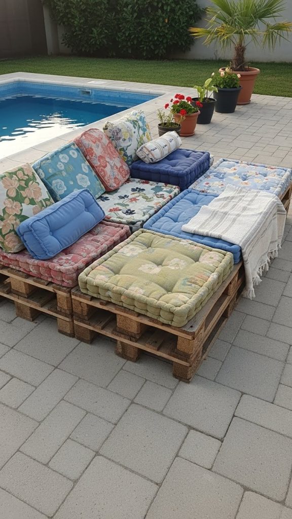 old wooden pallets with colourful cushions used as a seating area near pool