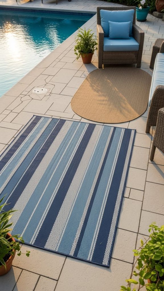 mismatched rugs on pool patio