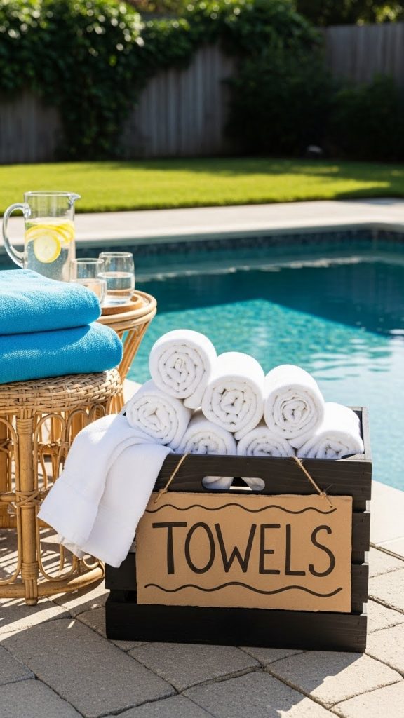 Crate full of white towels with simple cardboard sign