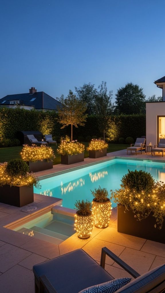 pool at night with planters wrapped in fairy lights