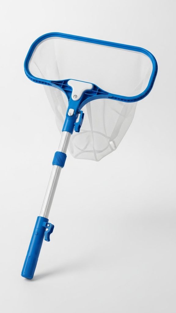 blue skimmer used to clean a natural swimming pool