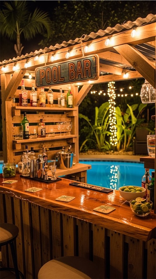 pool bar at night with fairy lights and music zone