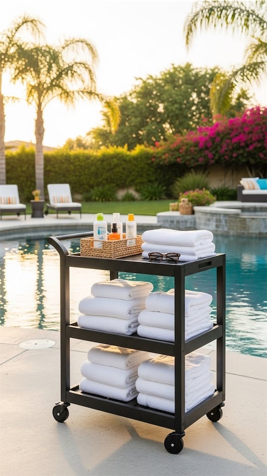 rolling cart next to a pool holding towels and accessories