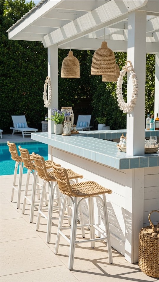 coastal themed poolside bar in a white and blue color palette